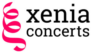 A pink ribbon on the left, and the name Xenia Concerts written in black on a white background.