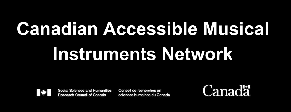 Texte "Canadian Accessible Musical Instrument Network" écrit en blanc sur fond noir avec les logos des sponsors.