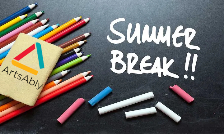 Coloured pencils and chalks with the words "Summer break" and ArtsAbly's logo